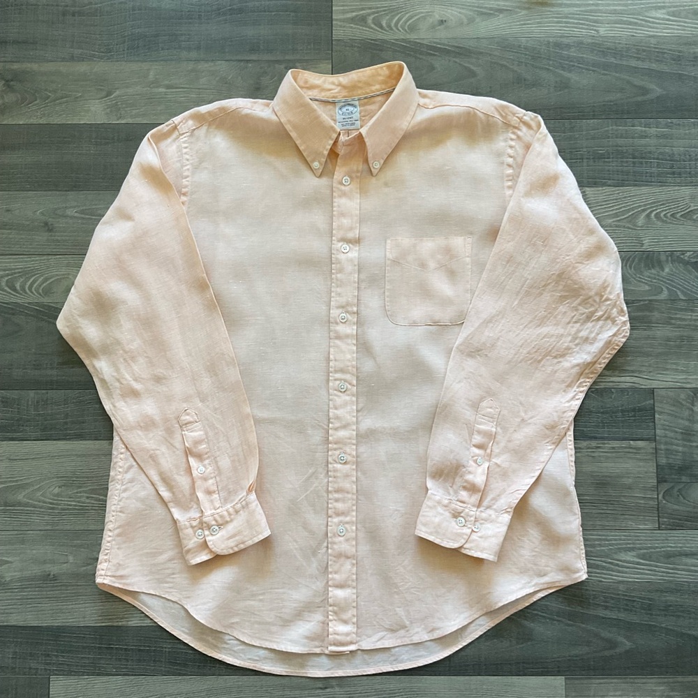 Brooks Brothers Regent Shirt Men’s XL Peach 100% Baird McNutt Linen Long Sleeve